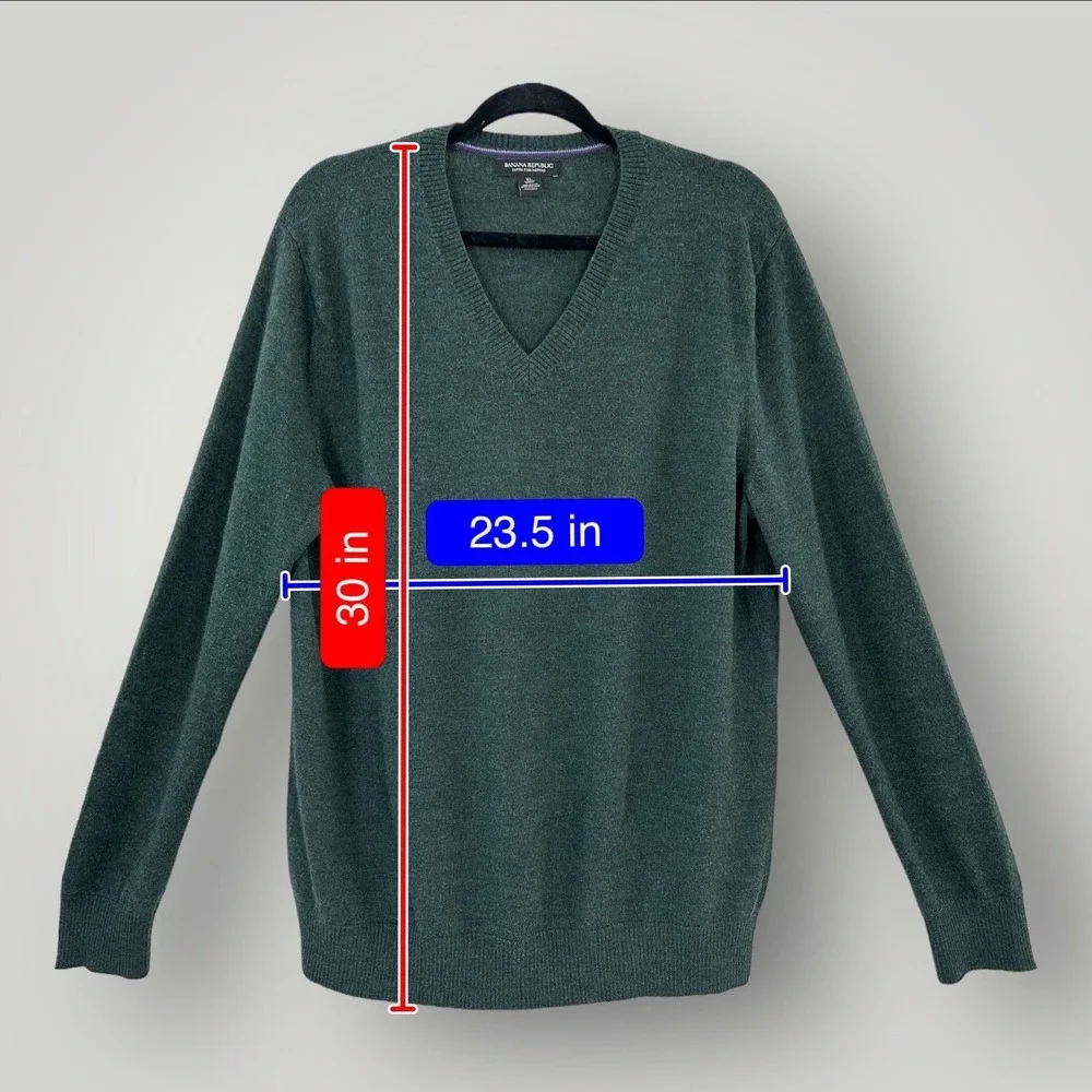 Banana Republic Sweater Mens XL Green Merino Wool Extra Fine V-Neck Pullover‎